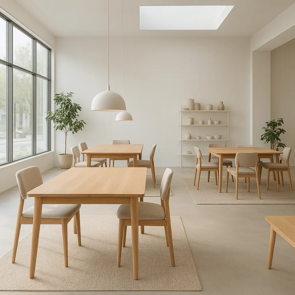 Moderner Showroom mit Stühlen und Tischen